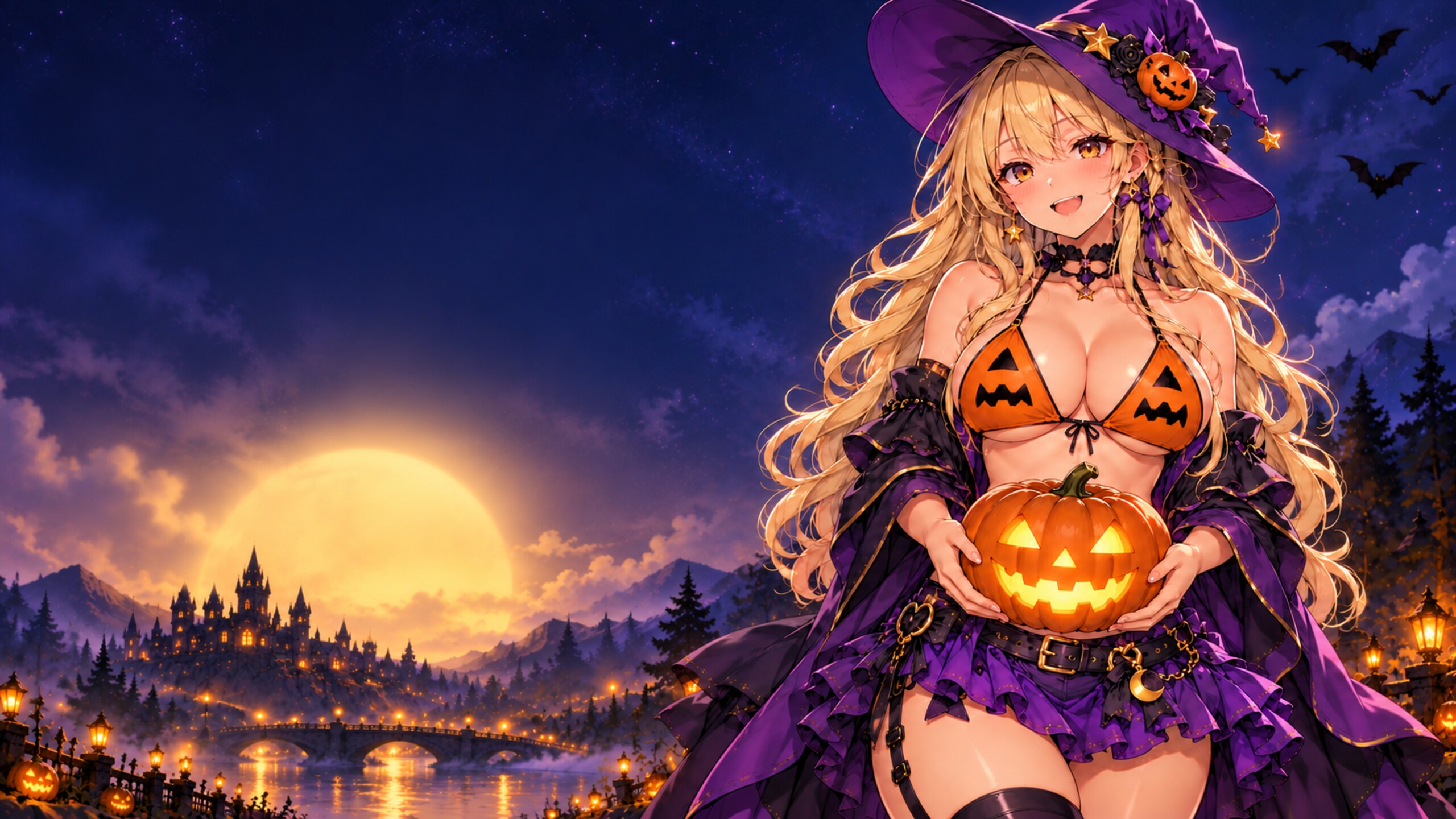 The Pumpkin Witch beneath a golden moon in Halloween Town