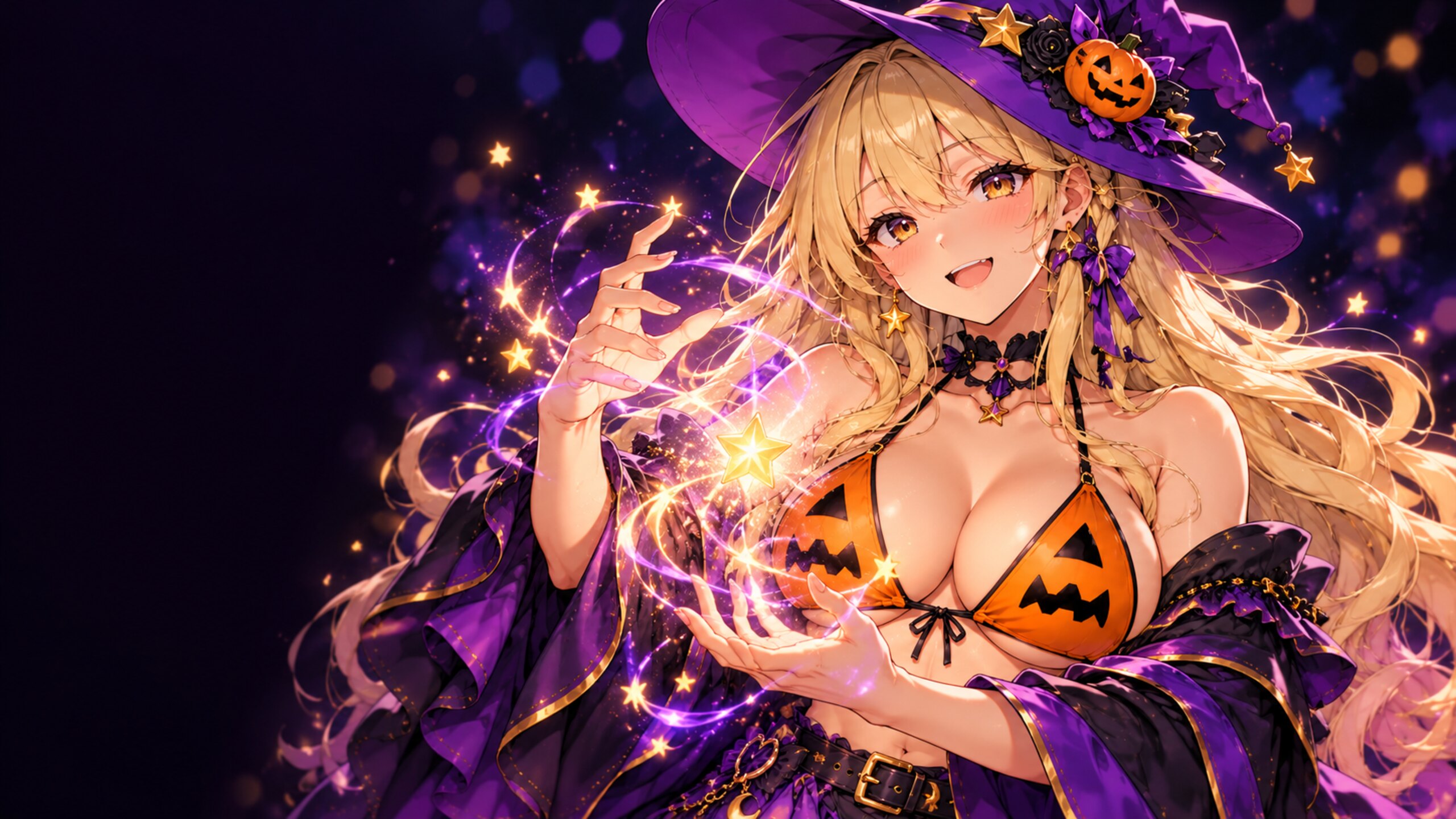 Portrait of the Pumpkin Witch casting a spell with golden stars